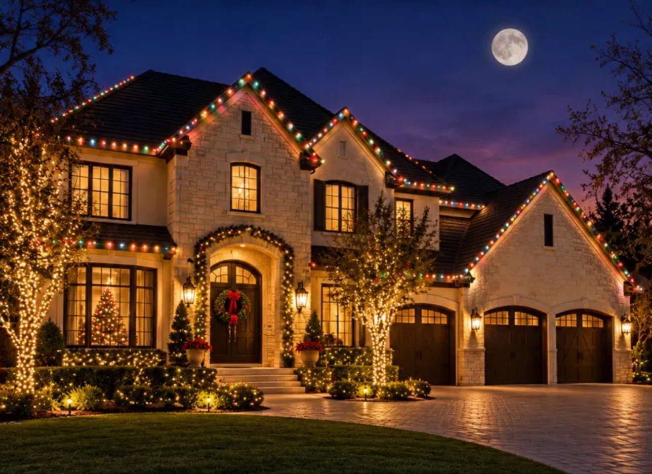 Two-story stone home at dusk with multicolor C9 roofline lights, warm white tree wraps, lit bushes, garland and a wreath